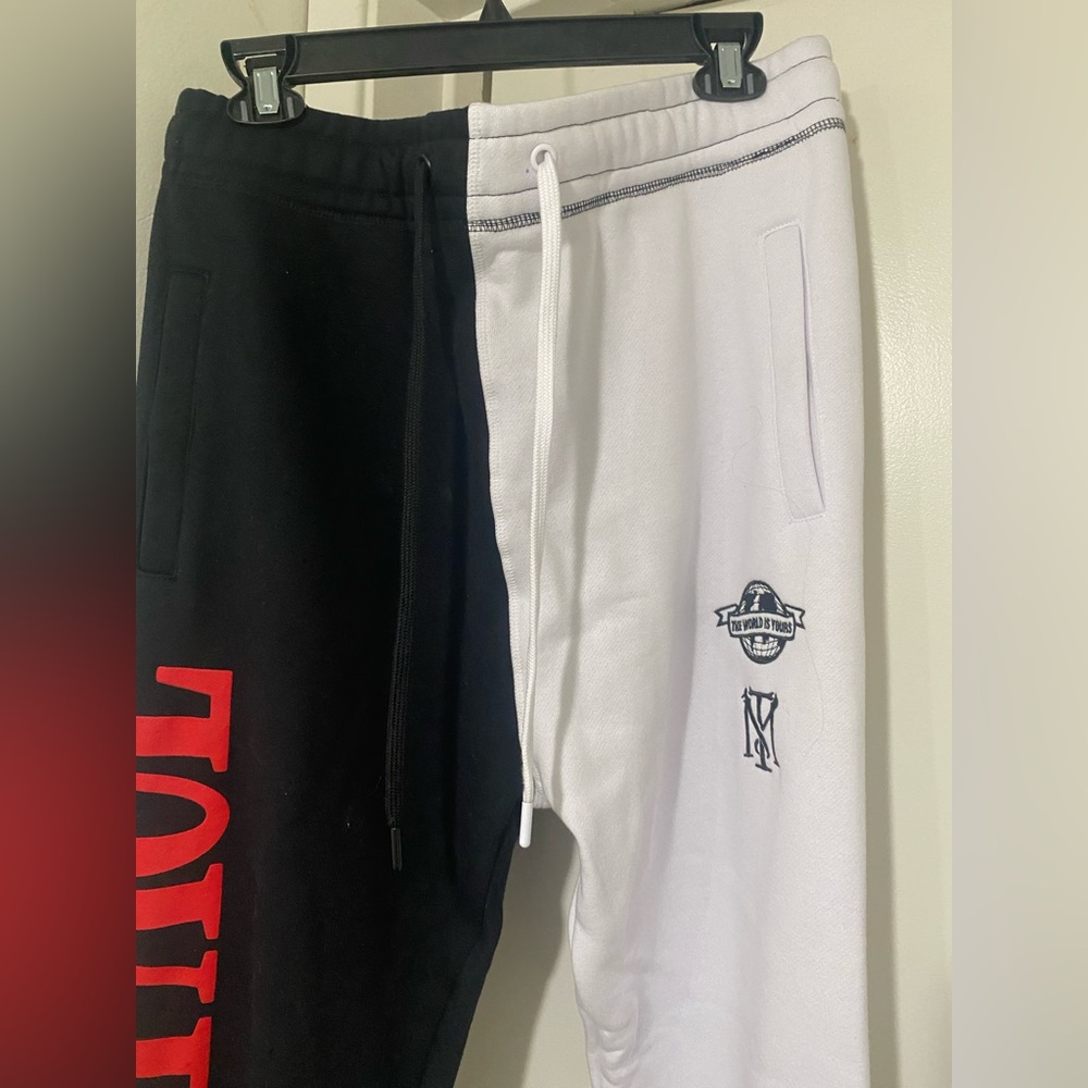 Scarface Black and White Split Joggers with Red Print. Size Large